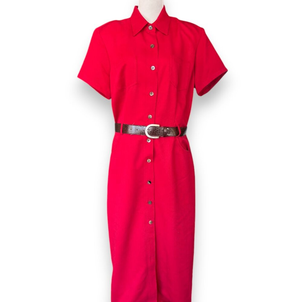 Robbie Bee VTG 90s red button up short sleeve belted long maxi shirt dress sz 14
